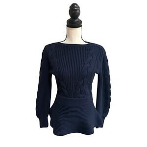 The Fold London Navy Merino Wool Cable Knit Peplum Sweater Women’s S